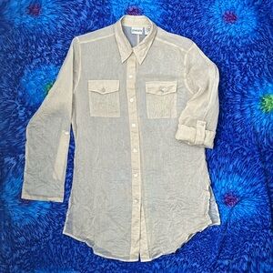 CHICO’S Sheer Cotton-Silk Tan Pin-Stripe Button-Up Shirt, Size '1' - Womens 8